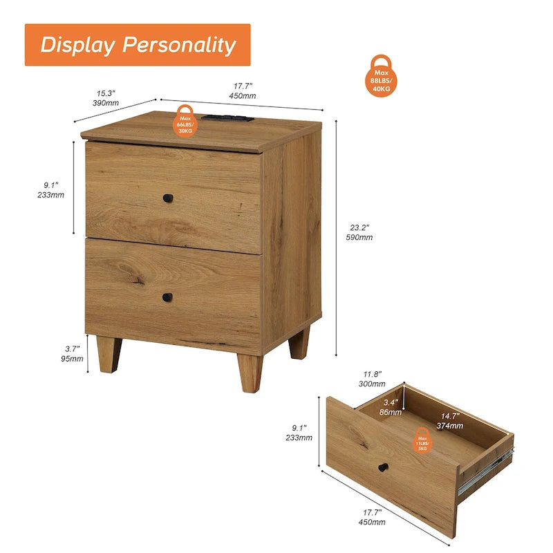 Table d'appoint avec station de recharge et 2 tiroirs, table de chevet moderne pour salon