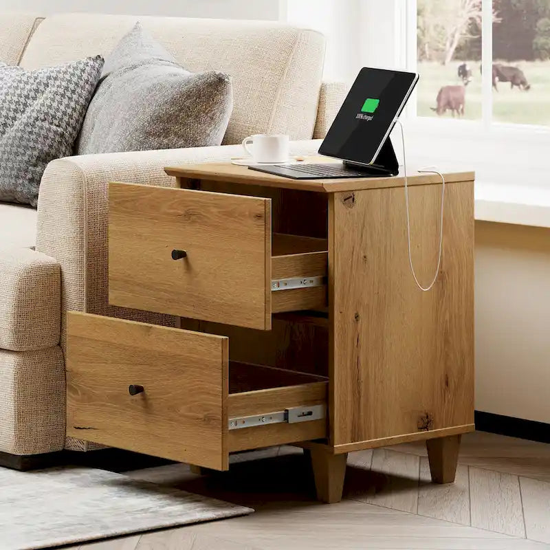 Table d'appoint avec station de recharge et 2 tiroirs, table de chevet moderne pour salon