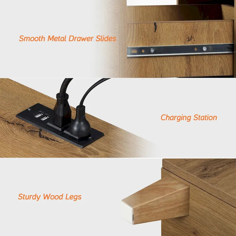 Table d'appoint avec station de recharge et 2 tiroirs, table de chevet moderne pour salon