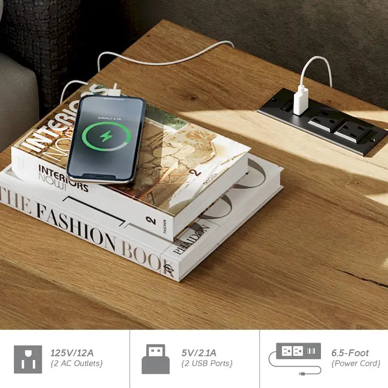 Table d'appoint avec station de recharge et 2 tiroirs, table de chevet moderne pour salon