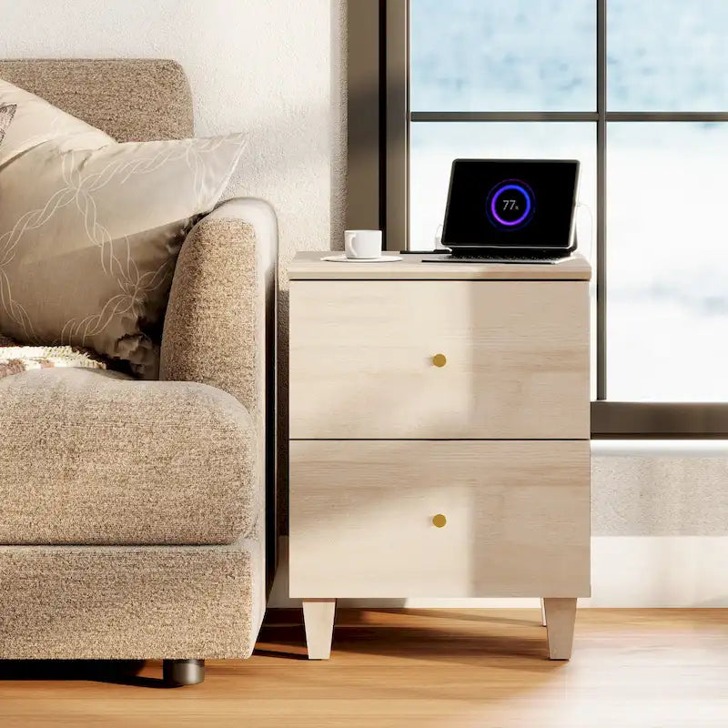 Table d'appoint avec station de recharge et 2 tiroirs, table de chevet moderne pour salon