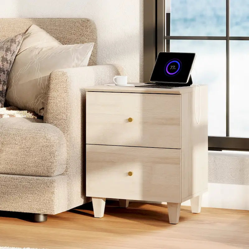 Table d'appoint avec station de recharge et 2 tiroirs, table de chevet moderne pour salon