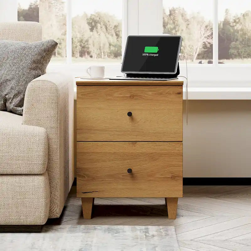Table d'appoint avec station de recharge et 2 tiroirs, table de chevet moderne pour salon