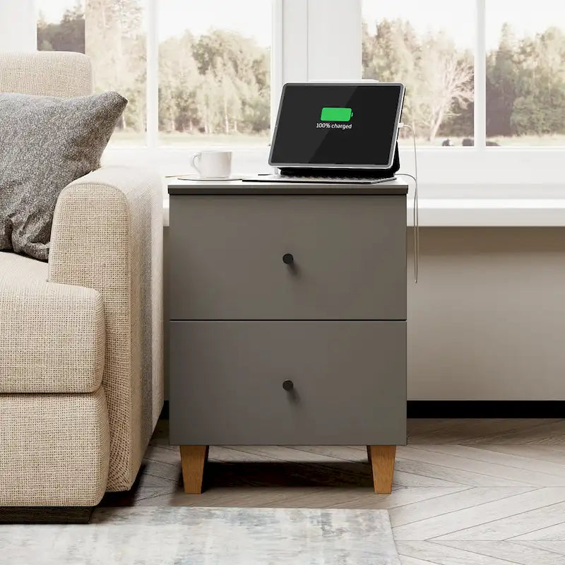 Table d'appoint avec station de recharge et 2 tiroirs, table de chevet moderne pour salon