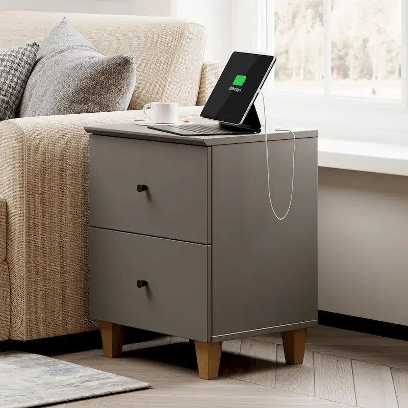 Table d'appoint avec station de recharge et 2 tiroirs, table de chevet moderne pour salon
