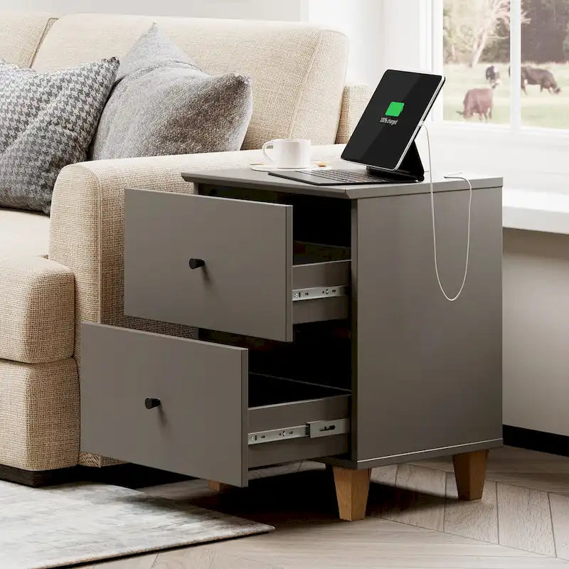 Table d'appoint avec station de recharge et 2 tiroirs, table de chevet moderne pour salon