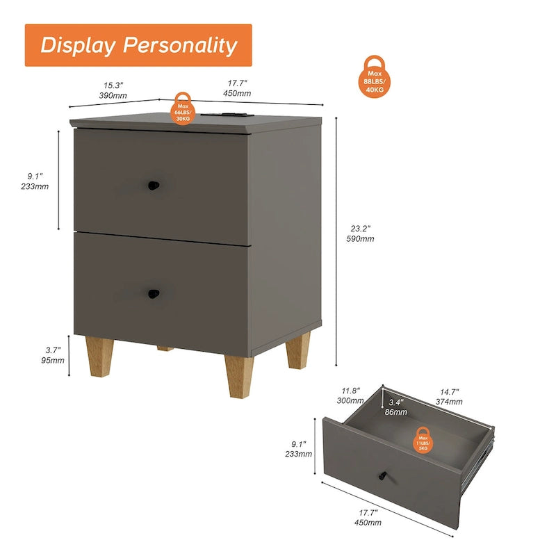 Table d'appoint avec station de recharge et 2 tiroirs, table de chevet moderne pour salon