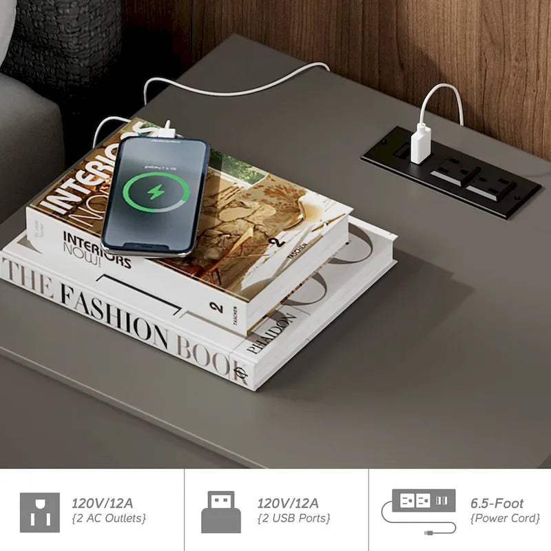 Table d'appoint avec station de recharge et 2 tiroirs, table de chevet moderne pour salon