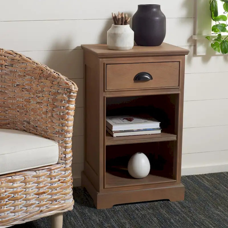 Table d'appoint de rangement en bois de pin gris, 1 tiroir et 2 étagères ouvertes, 45 cm (L) x 35 cm (P) x 76 cm (H)