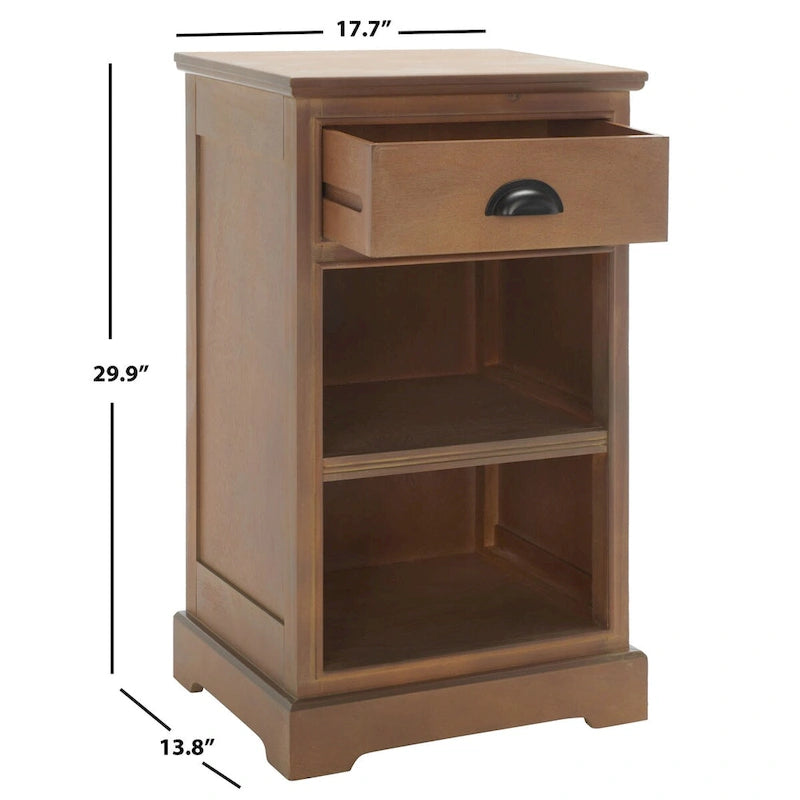 Table d'appoint de rangement en bois de pin gris, 1 tiroir et 2 étagères ouvertes, 45 cm (L) x 35 cm (P) x 76 cm (H)
