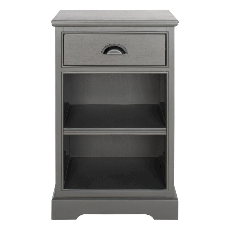 Table d'appoint de rangement en bois de pin gris, 1 tiroir et 2 étagères ouvertes, 45 cm (L) x 35 cm (P) x 76 cm (H)