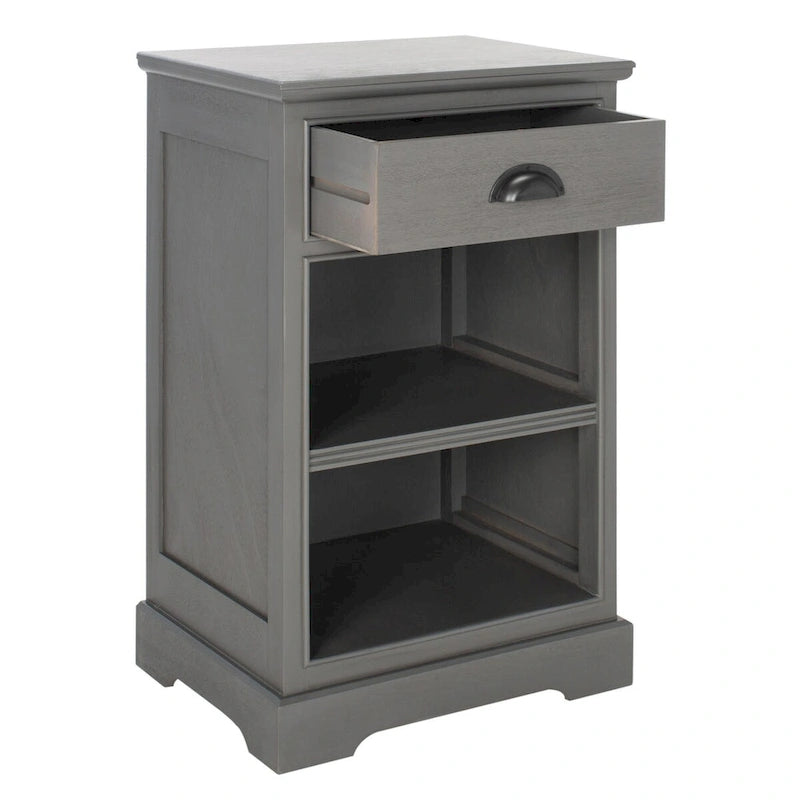 Table d'appoint de rangement en bois de pin gris, 1 tiroir et 2 étagères ouvertes, 45 cm (L) x 35 cm (P) x 76 cm (H)