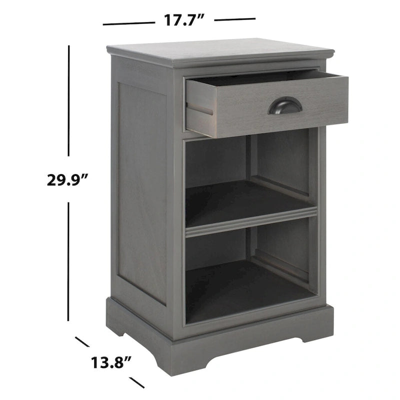 Table d'appoint de rangement en bois de pin gris, 1 tiroir et 2 étagères ouvertes, 45 cm (L) x 35 cm (P) x 76 cm (H)