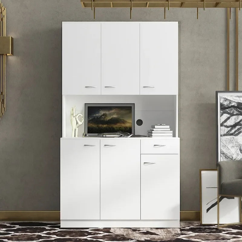 Grande armoire de style ferme rustique avec étagères, compartiment ouvert et tiroir, armoire de rangement autoportante