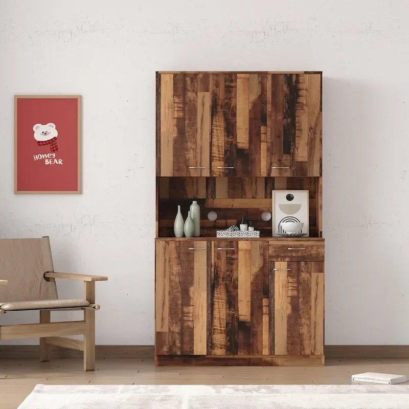 Grande armoire de style ferme rustique avec étagères, compartiment ouvert et tiroir, armoire de rangement autoportante