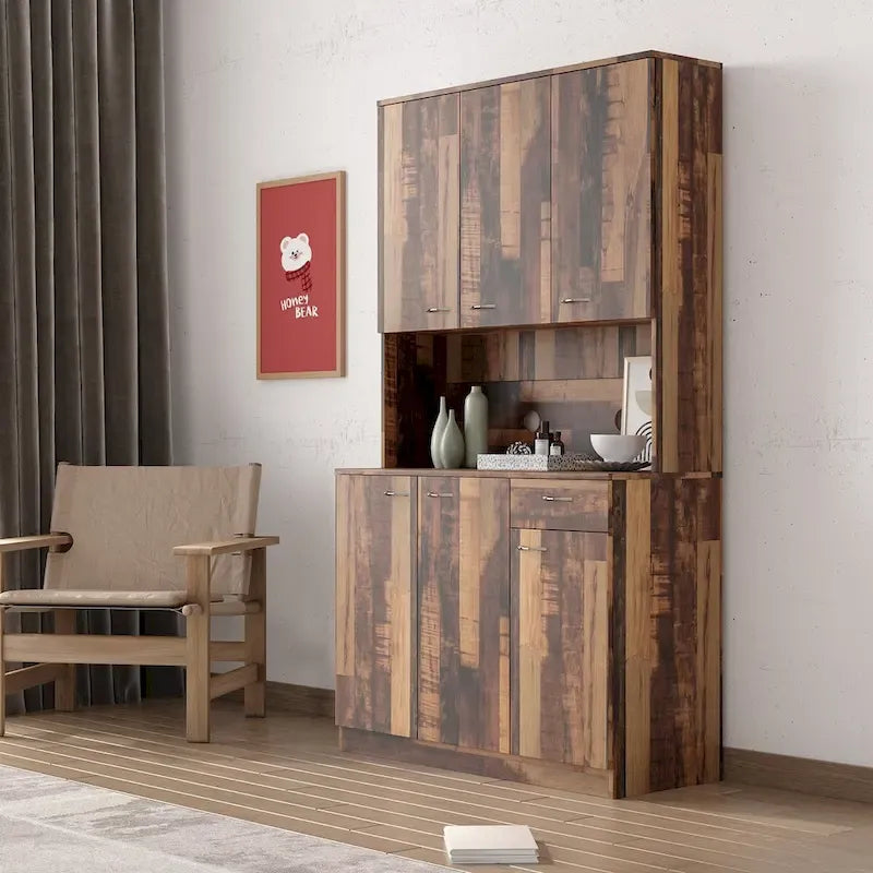 Grande armoire de style ferme rustique avec étagères, compartiment ouvert et tiroir, armoire de rangement autoportante