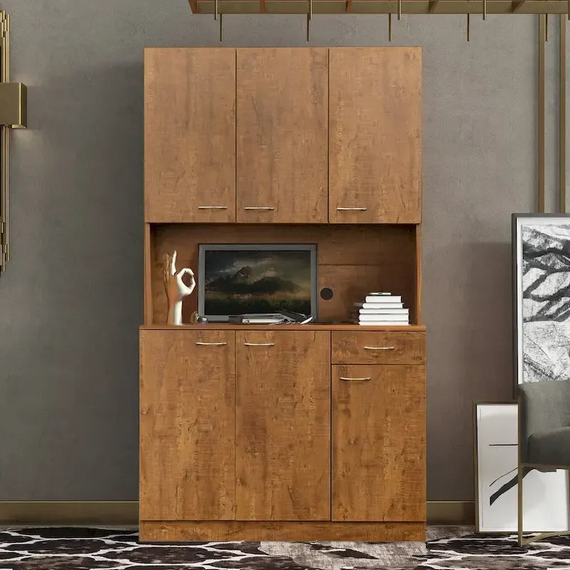 Grande armoire de style ferme rustique avec étagères, compartiment ouvert et tiroir, armoire de rangement autoportante