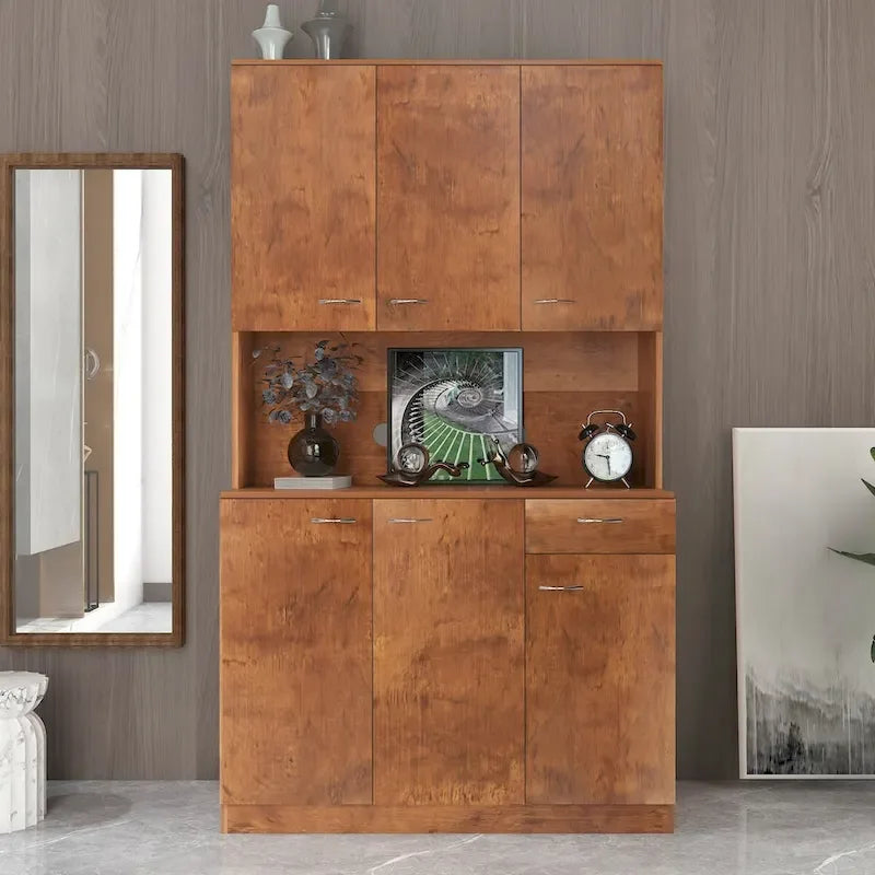 Grande armoire de style ferme rustique avec étagères, compartiment ouvert et tiroir, armoire de rangement autoportante