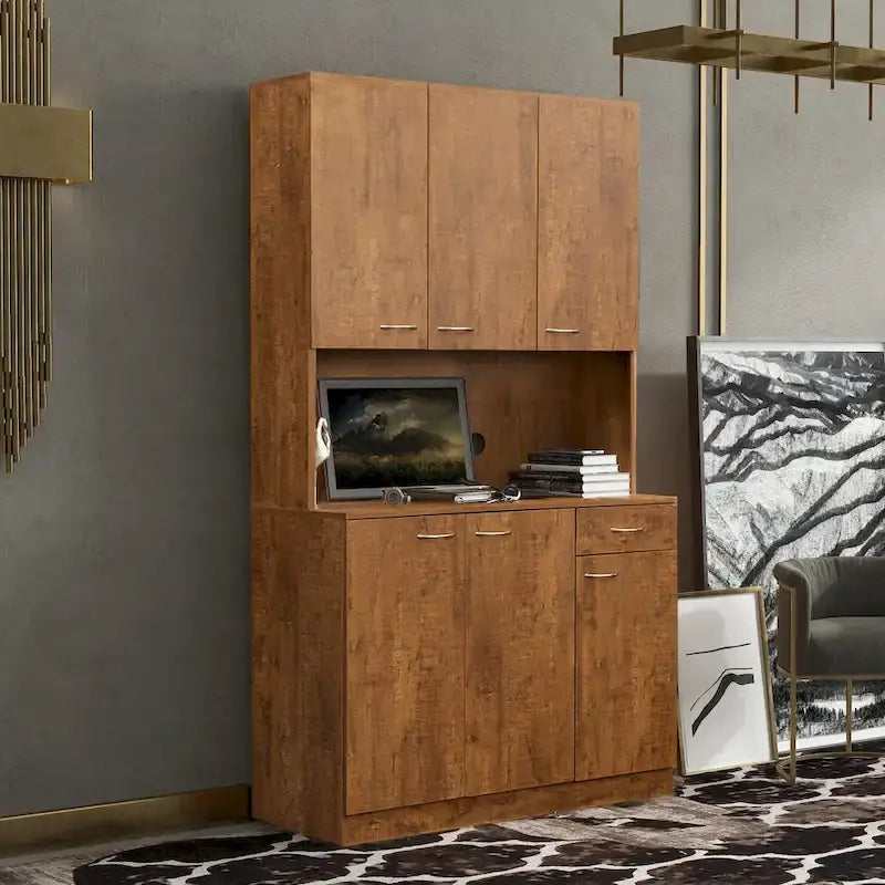 Grande armoire de style ferme rustique avec étagères, compartiment ouvert et tiroir, armoire de rangement autoportante