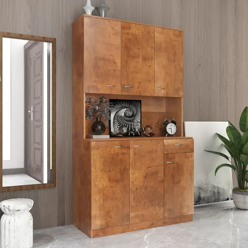 Grande armoire de style ferme rustique avec étagères, compartiment ouvert et tiroir, armoire de rangement autoportante