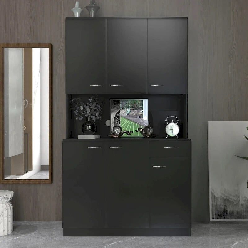 Grande armoire de style ferme rustique avec étagères, compartiment ouvert et tiroir, armoire de rangement autoportante