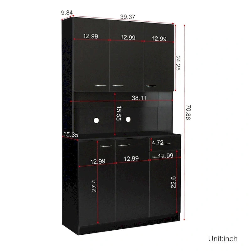 Grande armoire de style ferme rustique avec étagères, compartiment ouvert et tiroir, armoire de rangement autoportante