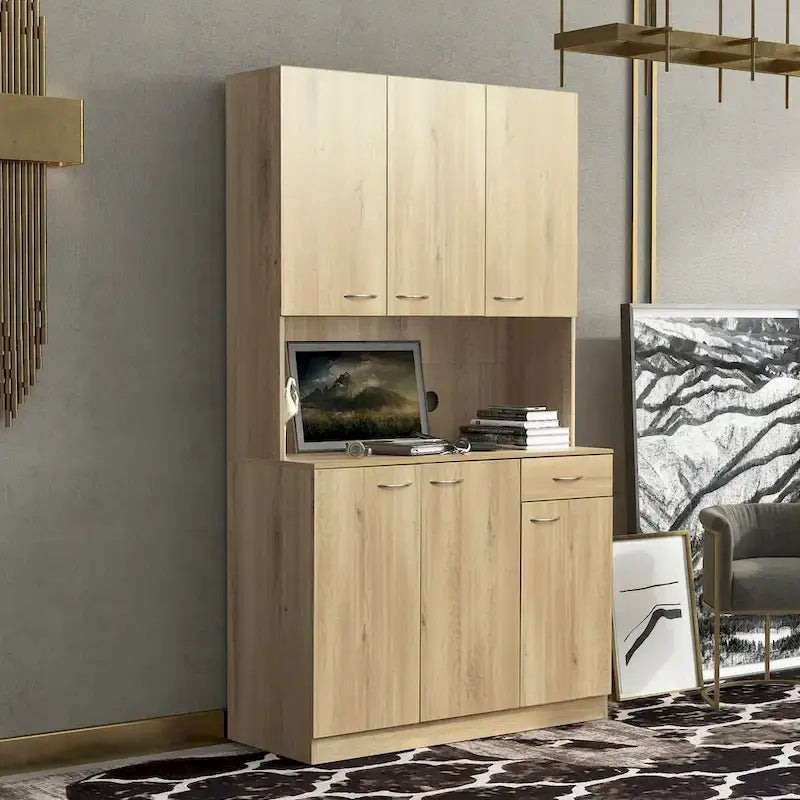 Grande armoire de style ferme rustique avec étagères, compartiment ouvert et tiroir, armoire de rangement autoportante