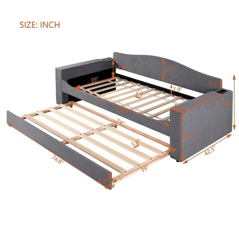 Lit de repos en polaire double avec accoudoirs de rangement et lit gigogne, capitonné, lit d'enfant peu encombrant