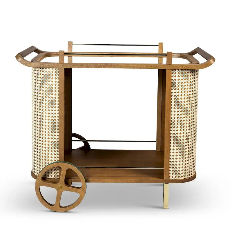 Desserte de bar moderne avec plateau miroir, étagères en cannage, poignée en cuir et roulettes