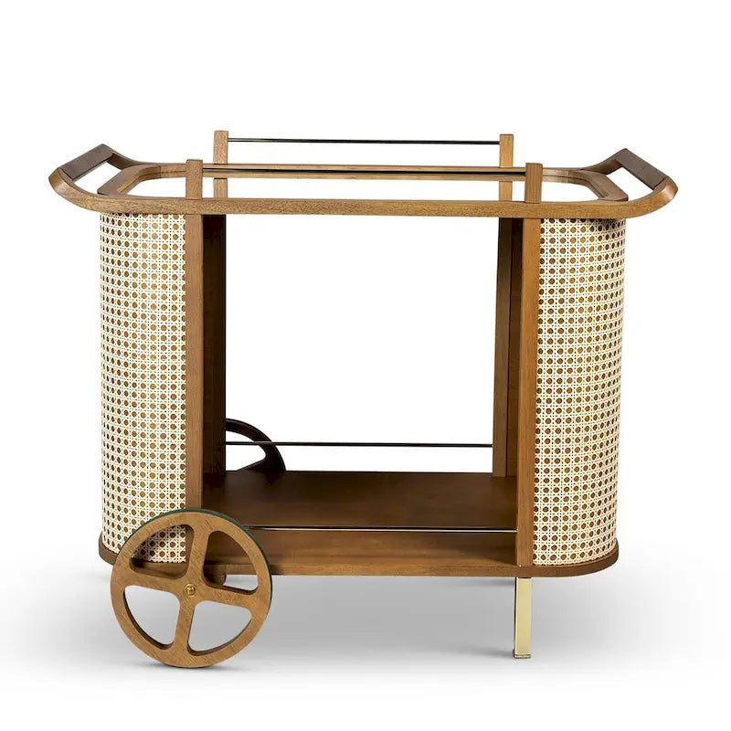 Desserte de bar moderne avec plateau miroir, étagères en cannage, poignée en cuir et roulettes