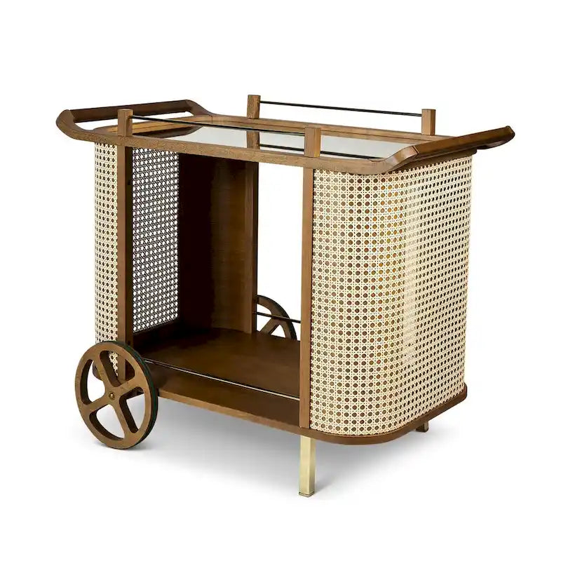 Desserte de bar moderne avec plateau miroir, étagères en cannage, poignée en cuir et roulettes