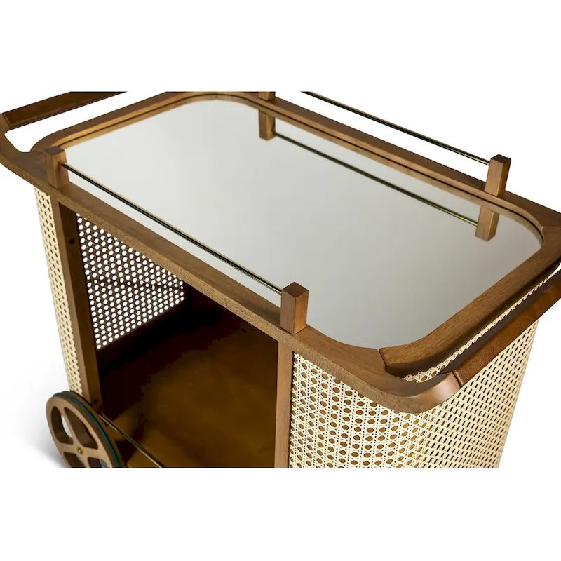 Desserte de bar moderne avec plateau miroir, étagères en cannage, poignée en cuir et roulettes