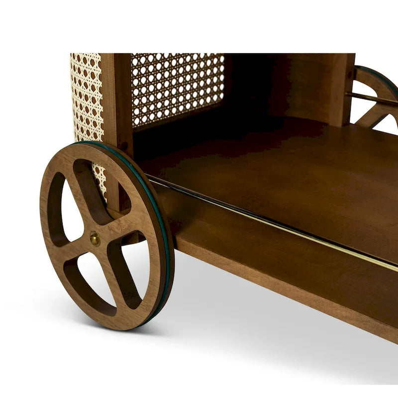 Desserte de bar moderne avec plateau miroir, étagères en cannage, poignée en cuir et roulettes