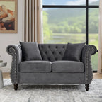 Canapé causeuse Chesterfield en velours, accoudoirs arrondis, clous décoratifs, structure en bois massif