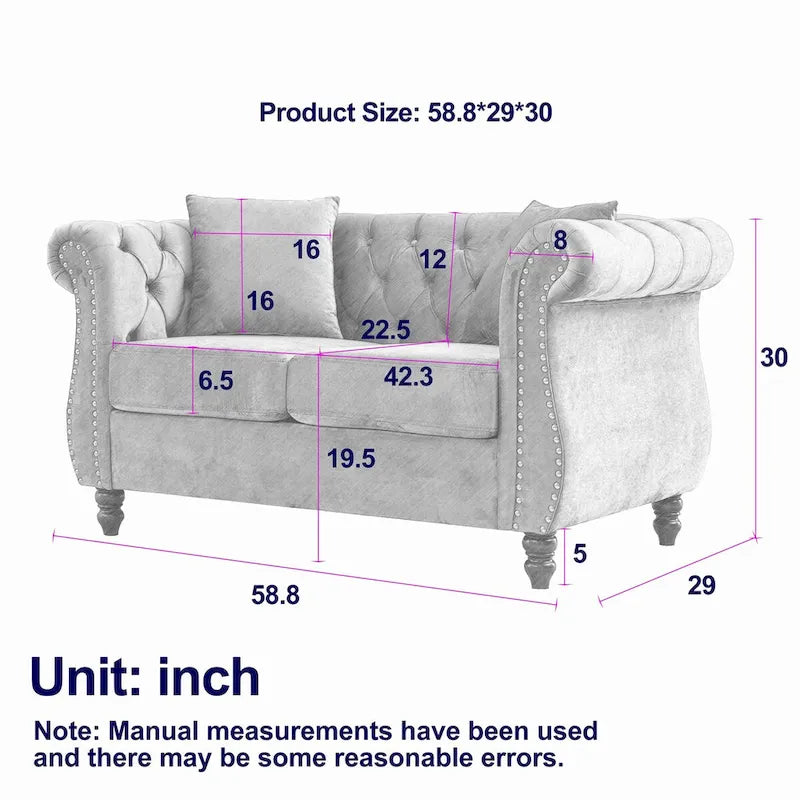 Canapé causeuse Chesterfield en velours, accoudoirs arrondis, clous décoratifs, structure en bois massif