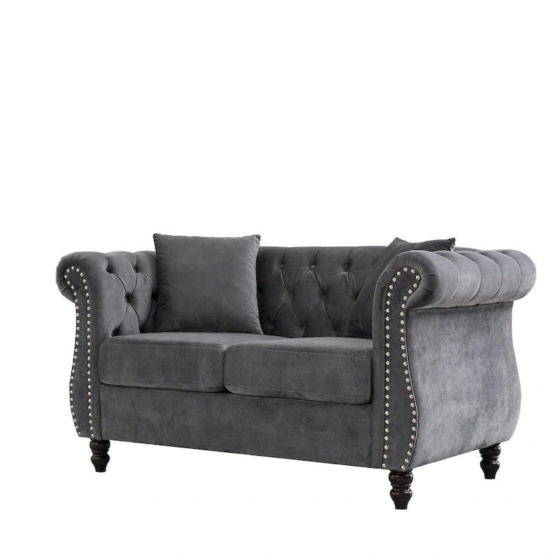 Canapé causeuse Chesterfield en velours, accoudoirs arrondis, clous décoratifs, structure en bois massif