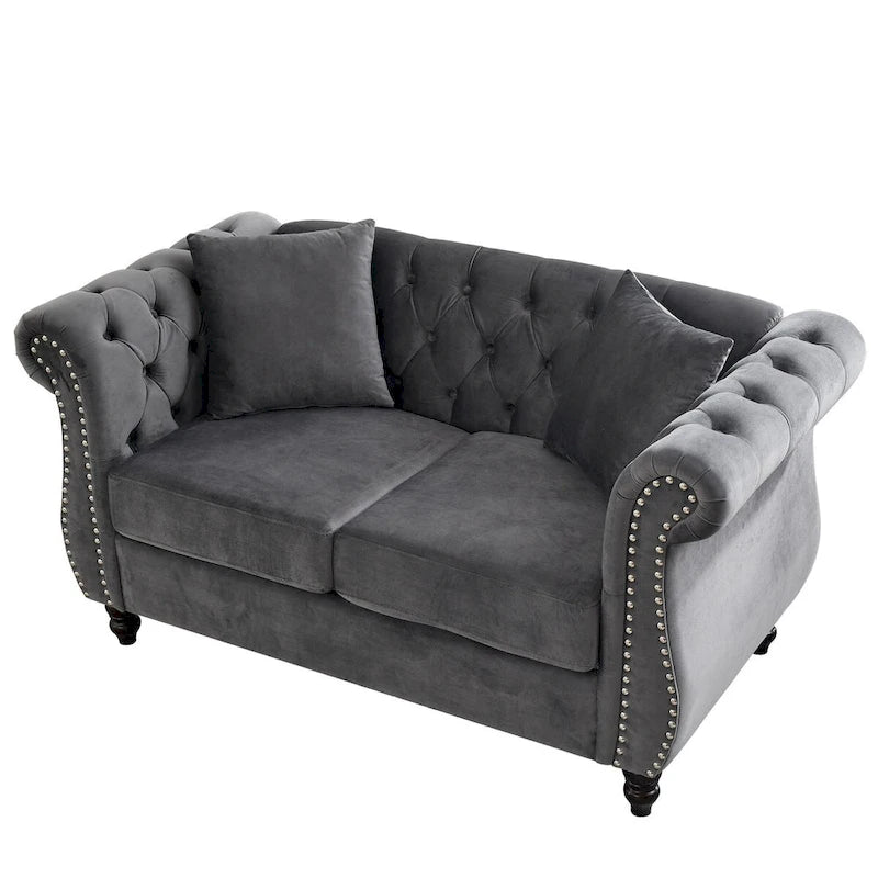 Canapé causeuse Chesterfield en velours, accoudoirs arrondis, clous décoratifs, structure en bois massif