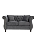 Canapé causeuse Chesterfield en velours, accoudoirs arrondis, clous décoratifs, structure en bois massif