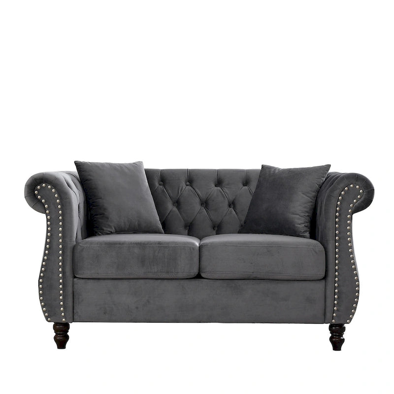 Canapé causeuse Chesterfield en velours, accoudoirs arrondis, clous décoratifs, structure en bois massif