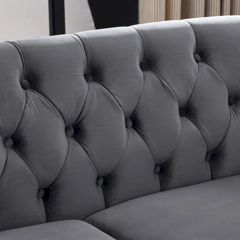 Canapé causeuse Chesterfield en velours, accoudoirs arrondis, clous décoratifs, structure en bois massif