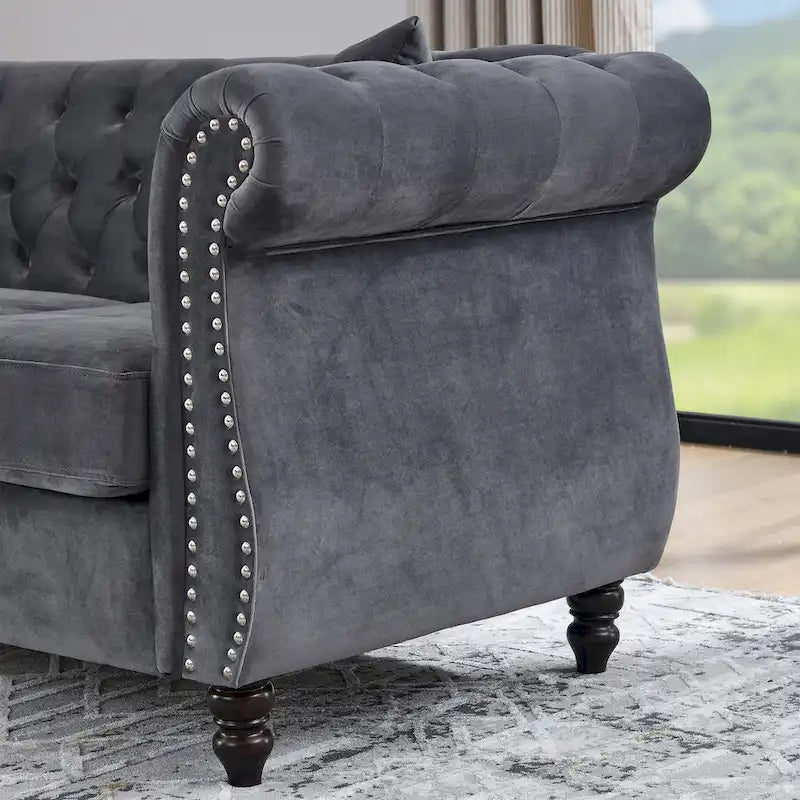 Canapé causeuse Chesterfield en velours, accoudoirs arrondis, clous décoratifs, structure en bois massif