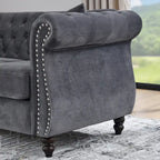 Canapé causeuse Chesterfield en velours, accoudoirs arrondis, clous décoratifs, structure en bois massif