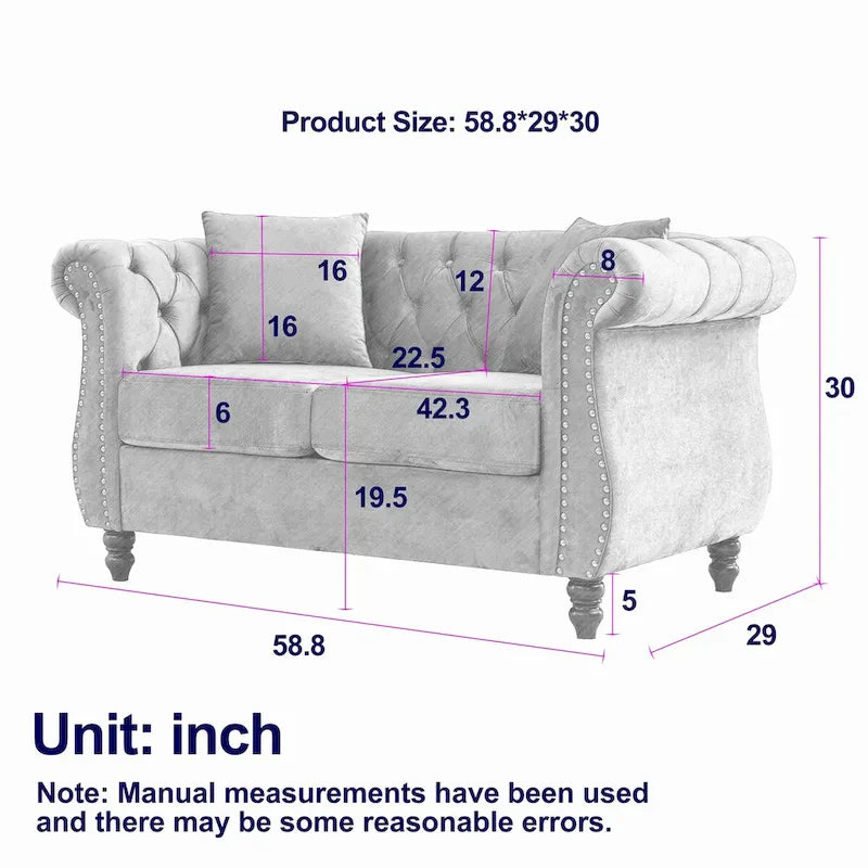Canapé causeuse Chesterfield en velours, accoudoirs arrondis, clous décoratifs, structure en bois massif