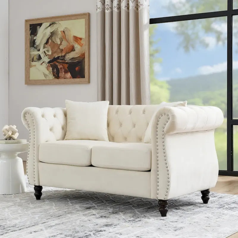 Canapé causeuse Chesterfield en velours, accoudoirs arrondis, clous décoratifs, structure en bois massif