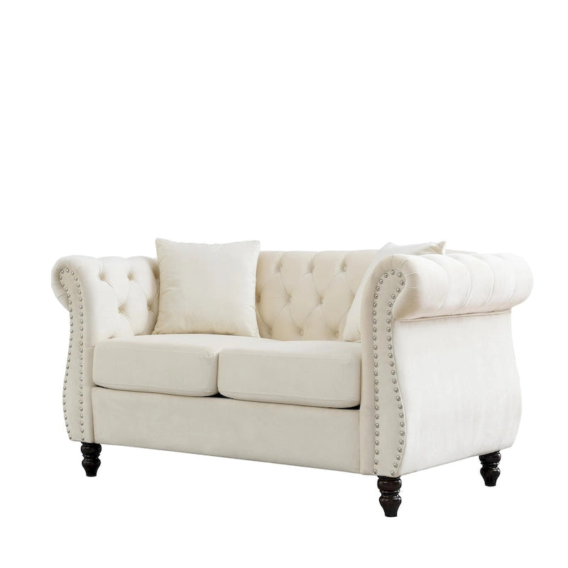 Canapé causeuse Chesterfield en velours, accoudoirs arrondis, clous décoratifs, structure en bois massif