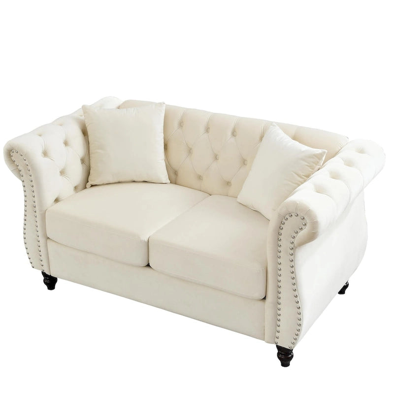 Canapé causeuse Chesterfield en velours, accoudoirs arrondis, clous décoratifs, structure en bois massif
