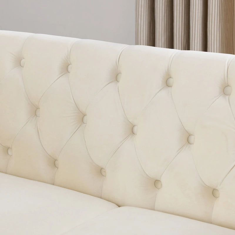 Canapé causeuse Chesterfield en velours, accoudoirs arrondis, clous décoratifs, structure en bois massif