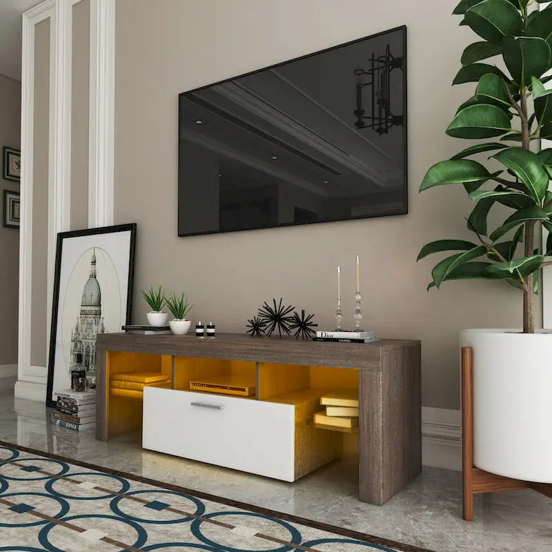 Meuble TV 51" pour téléviseurs jusqu'à 55", lumières LED à couleurs changeantes, console multimédia moderne avec rangement