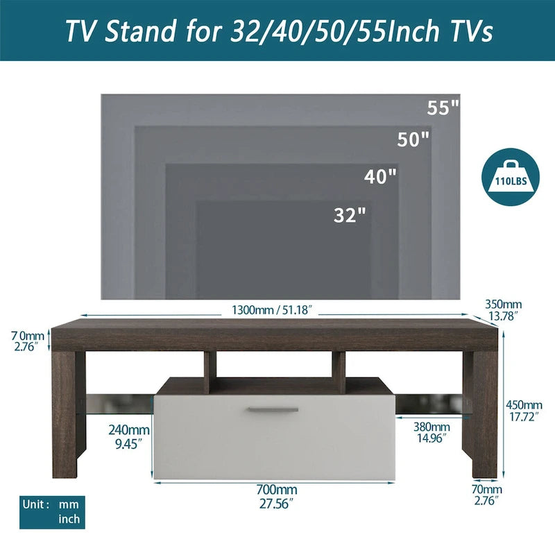 Meuble TV 51" pour téléviseurs jusqu'à 55", lumières LED à couleurs changeantes, console multimédia moderne avec rangement