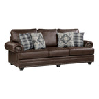 Canapé 3 places de 98", revêtement en microfibre marron riche, garniture cloutée, 4 coussins, pieds en bois massif